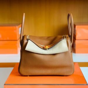 Hermes Lindy TC Leather CK37 Golden Brown Gold Hardware 26cm Full Handmade