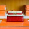 Hermes Mini Kelly pochette Shiny Porosus crocodile Ferrari red Gold Hardware 22cm Full Handmade