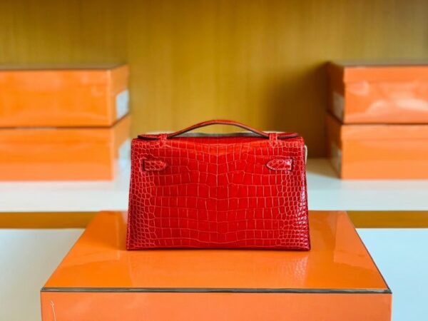 Hermes Mini Kelly pochette Shiny Porosus crocodile Ferrari red Gold Hardware 22cm Full Handmade