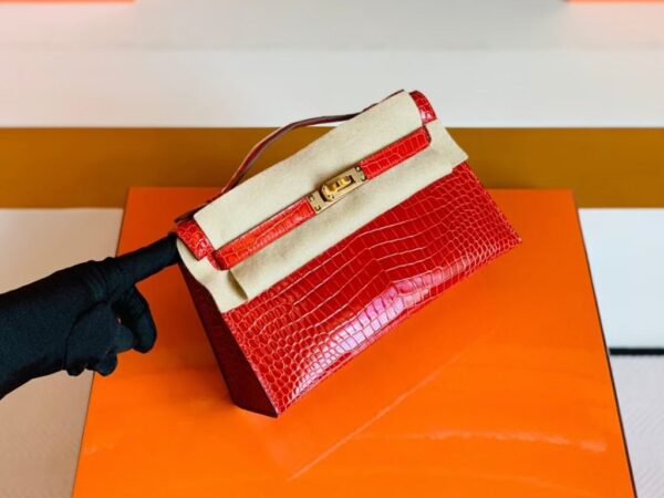Hermes Mini Kelly pochette Shiny Porosus crocodile Ferrari red Gold Hardware 22cm Full Handmade