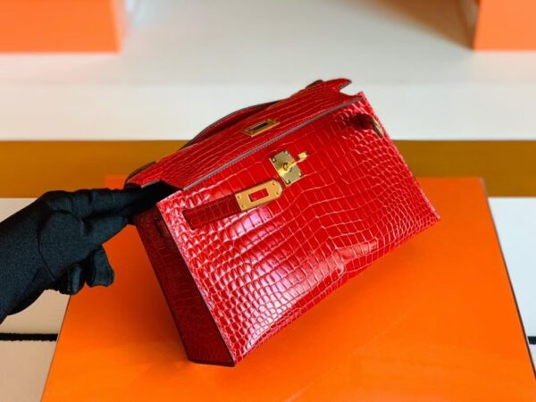 Hermes Mini Kelly pochette Shiny Porosus crocodile Ferrari red Gold Hardware 22cm Full Handmade
