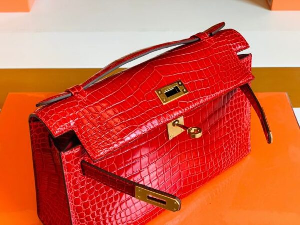 Hermes Mini Kelly pochette Shiny Porosus crocodile Ferrari red Gold Hardware 22cm Full Handmade