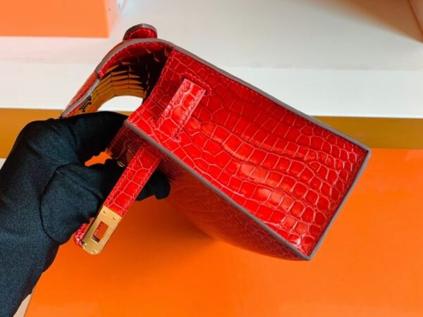 Hermes Mini Kelly pochette Shiny Porosus crocodile Ferrari red Gold Hardware 22cm Full Handmade