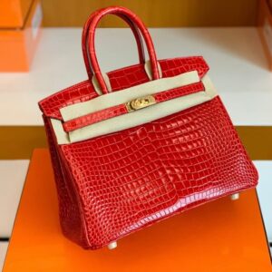 Hermes Birkin Shiny Porosus crocodile Ferrari red Gold Hardware 25cm Full Handmade