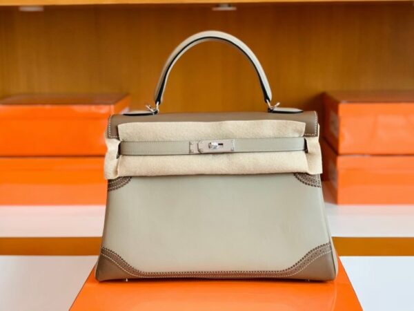 Hermes Kelly swift Etoupe Grey & Trench Grey Silver Hardware 32cm Full Handmade