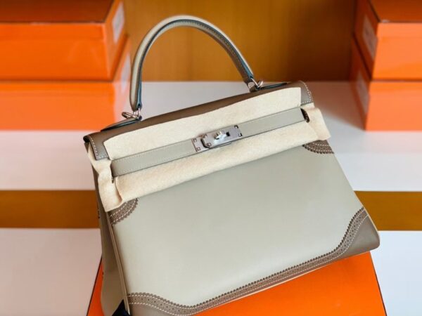 Hermes Kelly swift Etoupe Grey & Trench Grey Silver Hardware 32cm Full Handmade