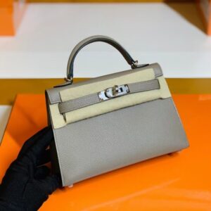 Hermes Mini Kelly Epsom gris ashpite Silver Hardware 19cm Full Handmade