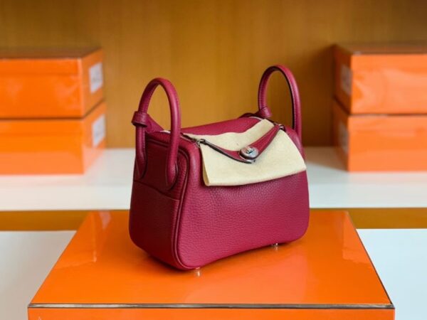 Hermes Mini Lindy TC Leather K1 Garnet red Silver Hardware 19cm Full Handmade