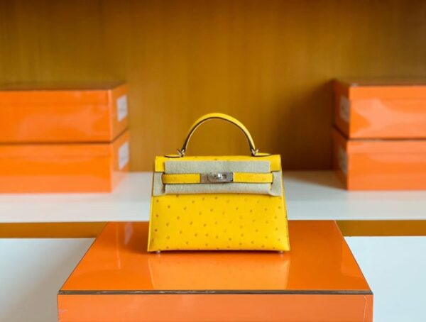 Hermes Mini Kelly Ostrich Leather Lemon yellow Silver Hardware 19cm Full Handmade