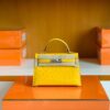 Hermes Mini Kelly Ostrich Leather Lemon yellow Silver Hardware 19cm Full Handmade