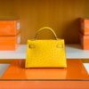 Hermes Mini Kelly Ostrich Leather Lemon yellow Silver Hardware 19cm Full Handmade