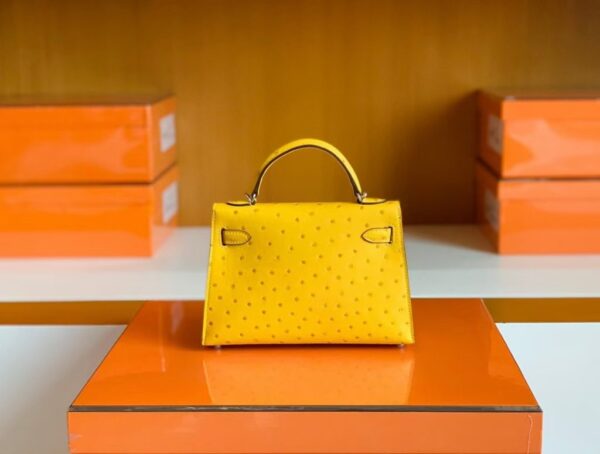 Hermes Mini Kelly Ostrich Leather Lemon yellow Silver Hardware 19cm Full Handmade