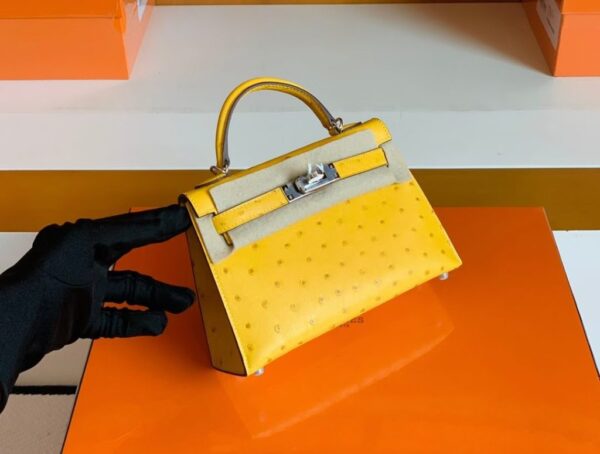 Hermes Mini Kelly Ostrich Leather Lemon yellow Silver Hardware 19cm Full Handmade
