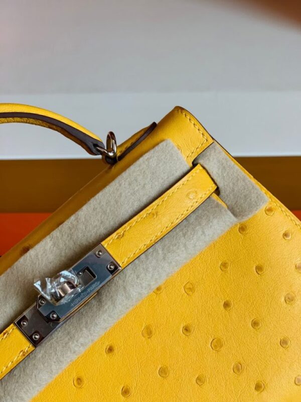 Hermes Mini Kelly Ostrich Leather Lemon yellow Silver Hardware 19cm Full Handmade