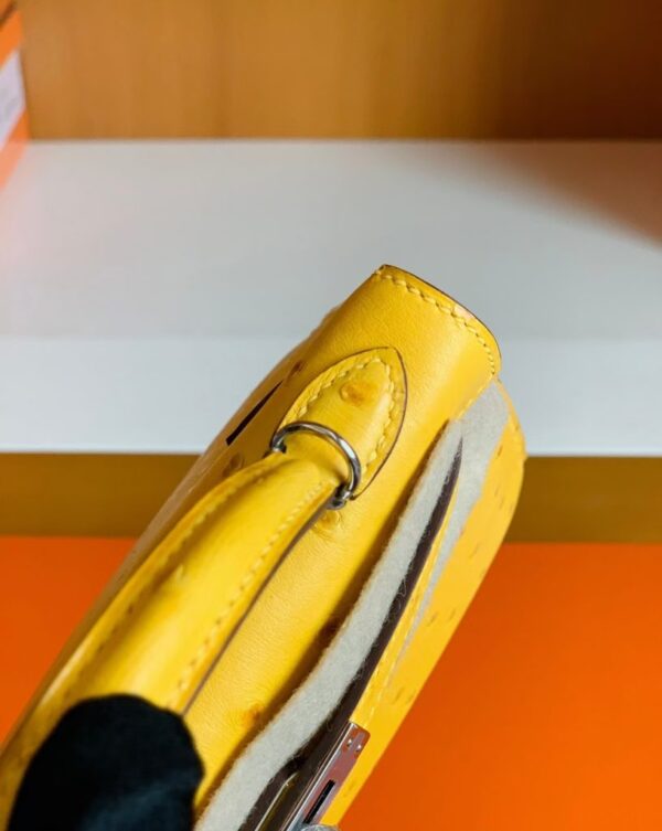Hermes Mini Kelly Ostrich Leather Lemon yellow Silver Hardware 19cm Full Handmade