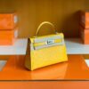 Hermes Mini Kelly Ostrich Leather Lemon yellow Silver Hardware 19cm Full Handmade