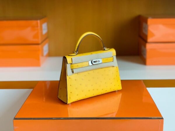 Hermes Mini Kelly Ostrich Leather Lemon yellow Silver Hardware 19cm Full Handmade