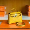Hermes Mini Kelly Ostrich Leather Lemon yellow Silver Hardware 19cm Full Handmade