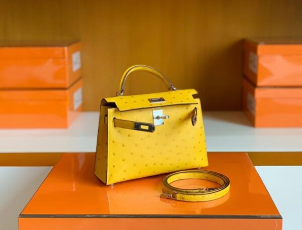 Hermes Mini Kelly Ostrich Leather Lemon yellow Silver Hardware 19cm Full Handmade