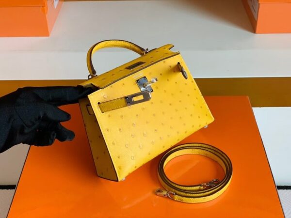 Hermes Mini Kelly Ostrich Leather Lemon yellow Silver Hardware 19cm Full Handmade