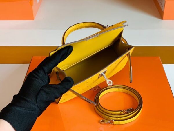 Hermes Mini Kelly Ostrich Leather Lemon yellow Silver Hardware 19cm Full Handmade