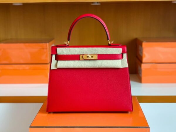 Hermes Kelly Epsom Leather Q5 Bright Red Gold Hardware 28cm Full Handmade