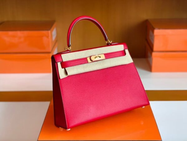 Hermes Kelly Epsom Leather Q5 Bright Red Gold Hardware 28cm Full Handmade