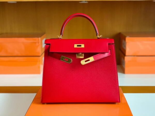 Hermes Kelly Epsom Leather Q5 Bright Red Gold Hardware 28cm Full Handmade