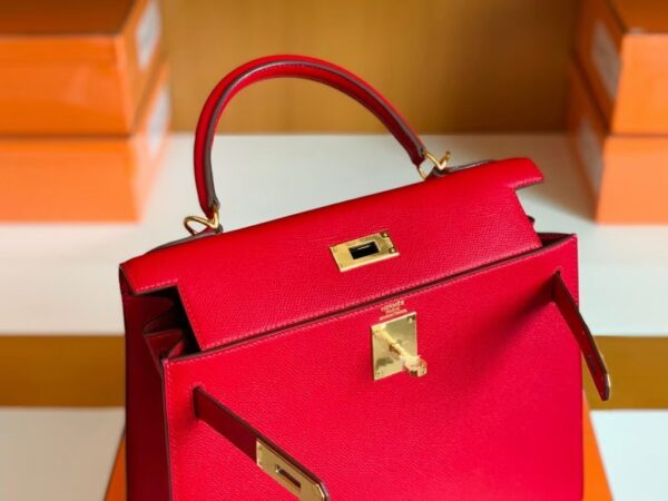 Hermes Kelly Epsom Leather Q5 Bright Red Gold Hardware 28cm Full Handmade