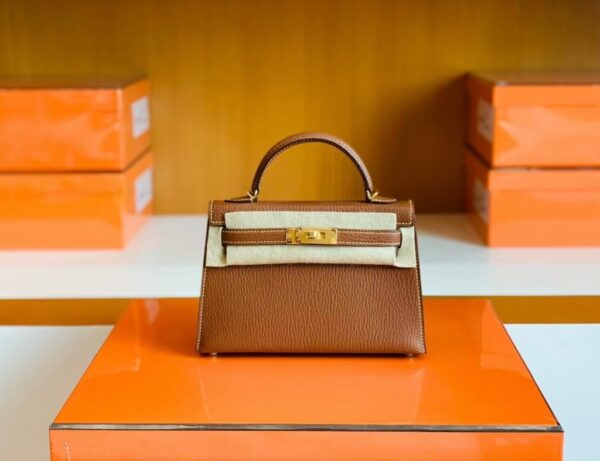 Hermes Mini Kelly Chevre Leather Saddle Brown Gold Hardware 19cm Full Handmade