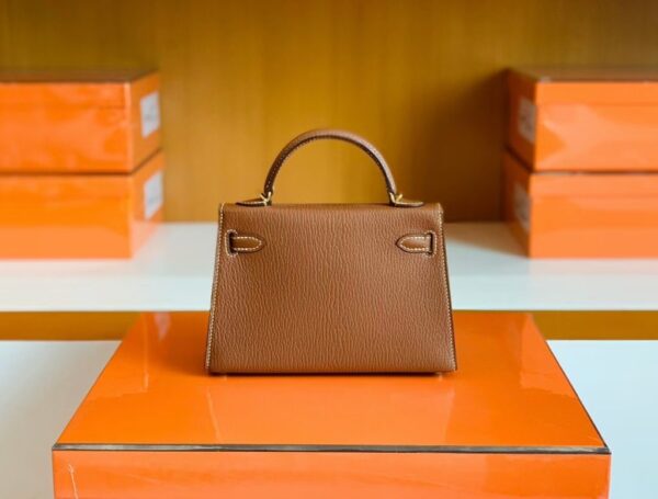 Hermes Mini Kelly Chevre Leather Saddle Brown Gold Hardware 19cm Full Handmade