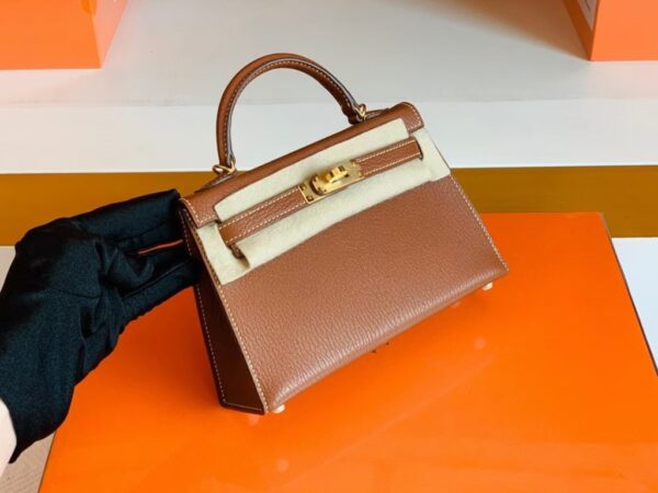 Hermes Mini Kelly Chevre Leather Saddle Brown Gold Hardware 19cm Full Handmade