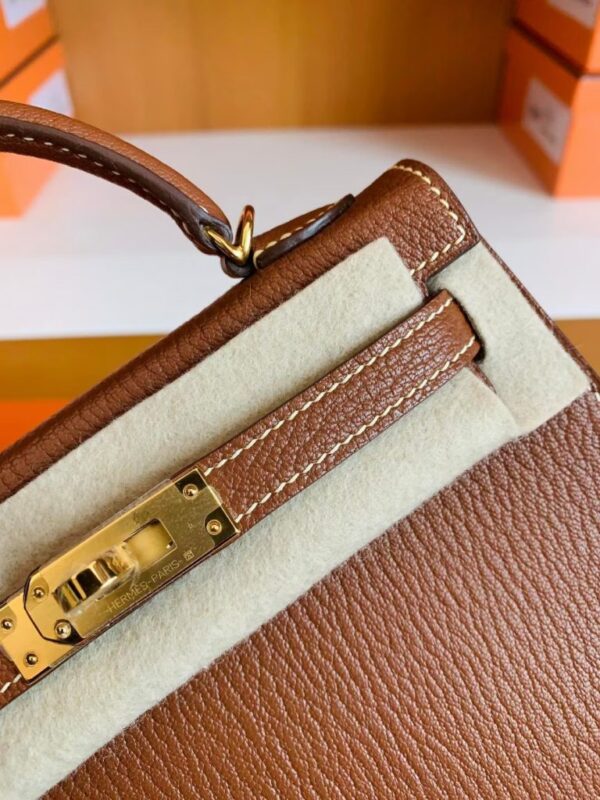 Hermes Mini Kelly Chevre Leather Saddle Brown Gold Hardware 19cm Full Handmade