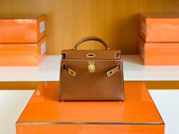 Hermes Mini Kelly Chevre Leather Saddle Brown Gold Hardware 19cm Full Handmade