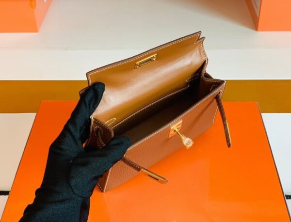 Hermes Mini Kelly Chevre Leather Saddle Brown Gold Hardware 19cm Full Handmade