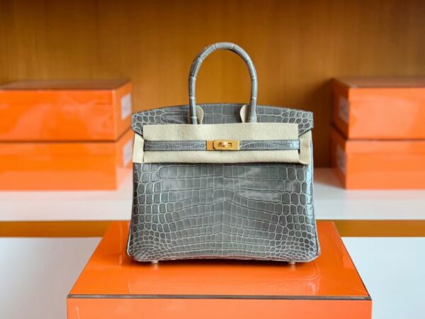 Hermes Birkin Shiny Niloticus crocodile turtledove grey Gold Hardware 25cm Full Handmade