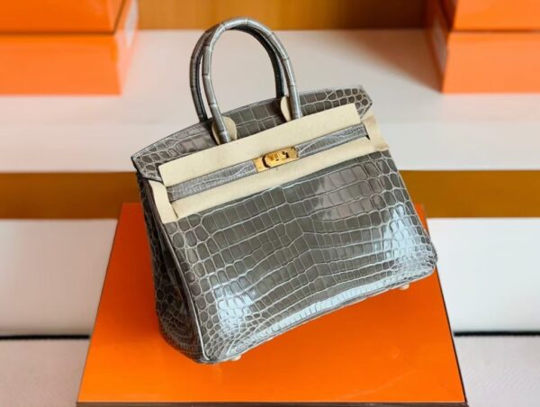Hermes Birkin Shiny Niloticus crocodile turtledove grey Gold Hardware 25cm Full Handmade