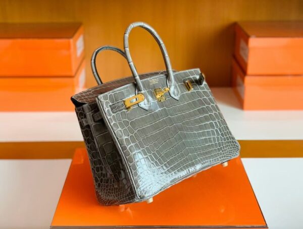 Hermes Birkin Shiny Niloticus crocodile turtledove grey Gold Hardware 25cm Full Handmade
