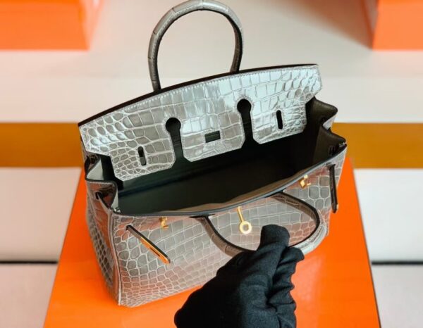 Hermes Birkin Shiny Niloticus crocodile turtledove grey Gold Hardware 25cm Full Handmade
