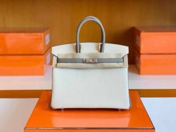 Hermes Birkin Togo Creamy White & gris ashpite Silver Hardware 25cm Full Handmade