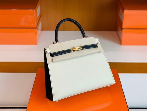 Hermes Kelly Epsom Creamy White & Black Gold Hardware 25cm Full Handmade