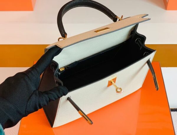 Hermes Kelly Epsom Creamy White & Black Gold Hardware 25cm Full Handmade