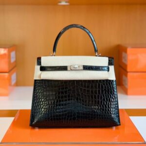 Hermes Kelly Shiny Porosus crocodile Black Silver Hardware 25cm Full Handmade