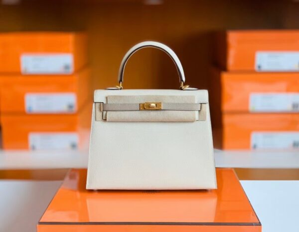 Hermes Kelly Epsom Creamy White & s2 Trench Grey Gold Hardware 25cm Full Handmade