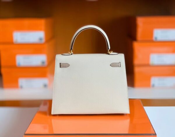 Hermes Kelly Epsom Creamy White & s2 Trench Grey Gold Hardware 25cm Full Handmade