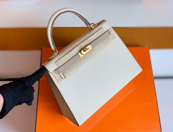 Hermes Kelly Epsom Creamy White & s2 Trench Grey Gold Hardware 25cm Full Handmade