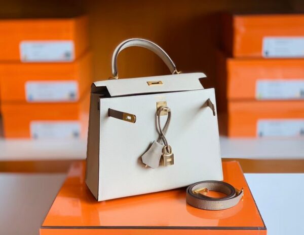 Hermes Kelly Epsom Creamy White & s2 Trench Grey Gold Hardware 25cm Full Handmade