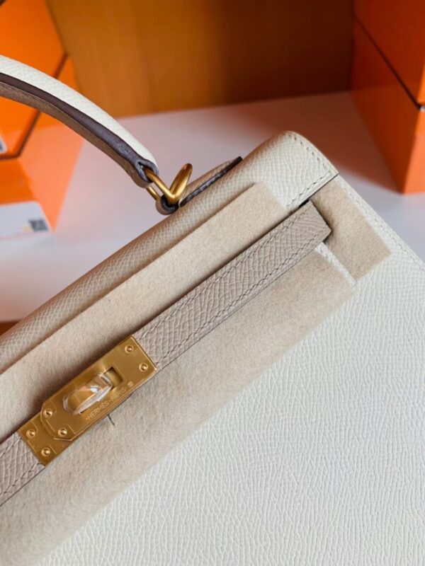 Hermes Kelly Epsom Creamy White & s2 Trench Grey Gold Hardware 25cm Full Handmade