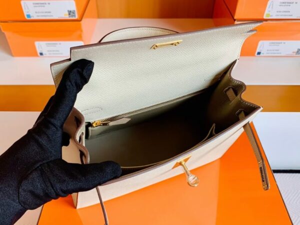 Hermes Kelly Epsom Creamy White & s2 Trench Grey Gold Hardware 25cm Full Handmade