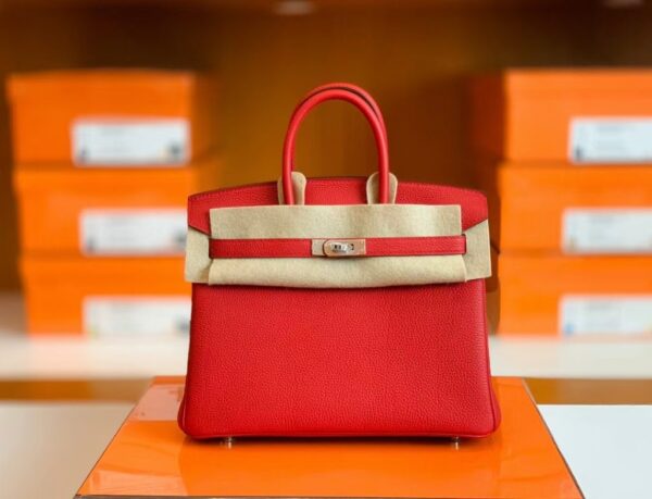 Hermes Birkin Togo Q5 Bright Red Silver Hardware 25cm Full Handmade